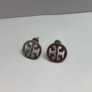 Silver Tory Burch logo earrings